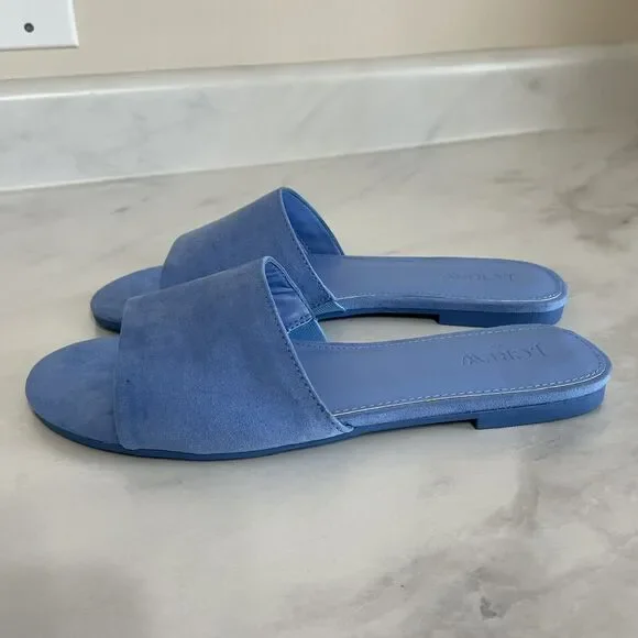 J. CREW Microsuede Single Strap Slide Sandals Women’s 8 Peri Blue Flat Shoe NEW - Picture 3 of 8